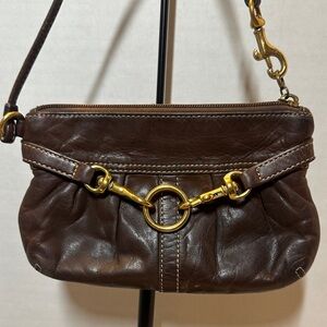 Coach Vintage Brown Leather Wristlet with Gold Accents